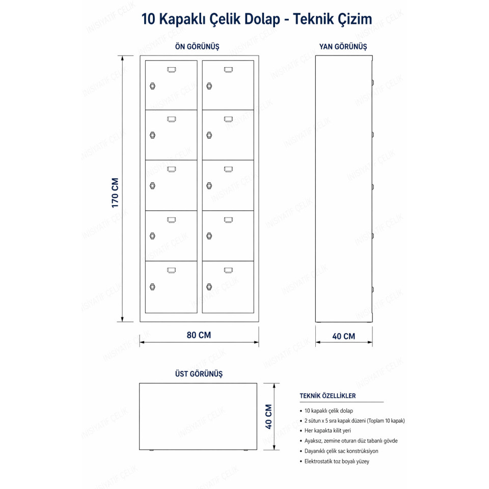 10 gözlü siyah kapaklı çok amaçlı çelik emanet ve öğrenci dolabı