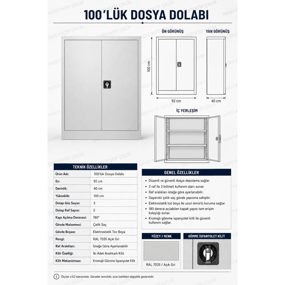 100 cm Çelik Dosya Dolabı 100 cm çelik dosya dolabı kapaklı önden görünüm