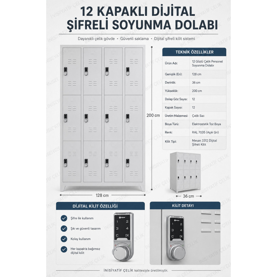12 Kapaklı Dijital Şifreli Soyunma Dolabı 12 kapaklı dijital şifreli çelik soyunma dolabı 128x36x200 cm önden görünüm