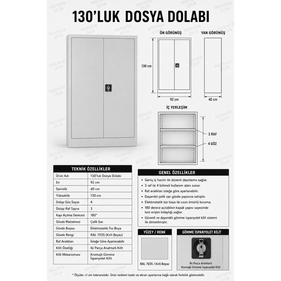 130 cm Çelik Dosya Dolabı 130 cm çelik dosya dolabı kapaklı önden görünüm
