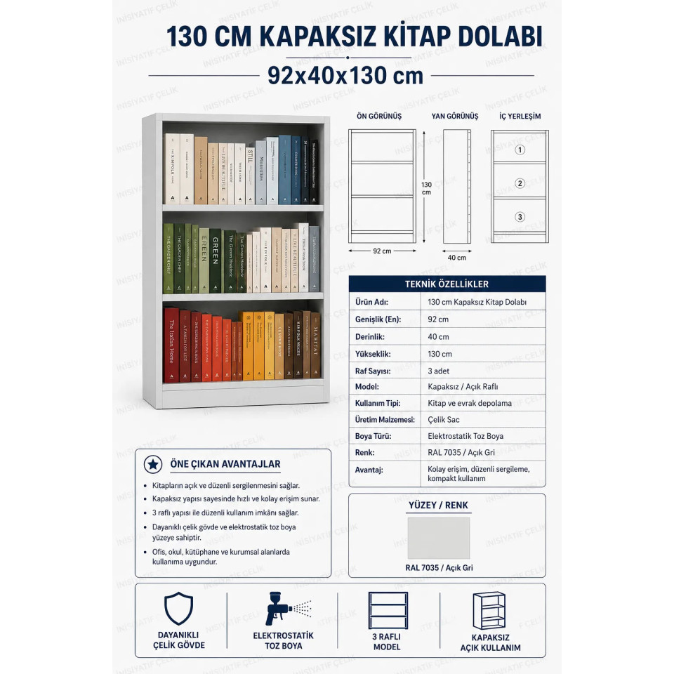 130 cm Kapaksız Çelik Kitap Dolabı 130 cm kapaksız çelik kitap dolabı 92x40x130 cm kitaplı önden görünüm