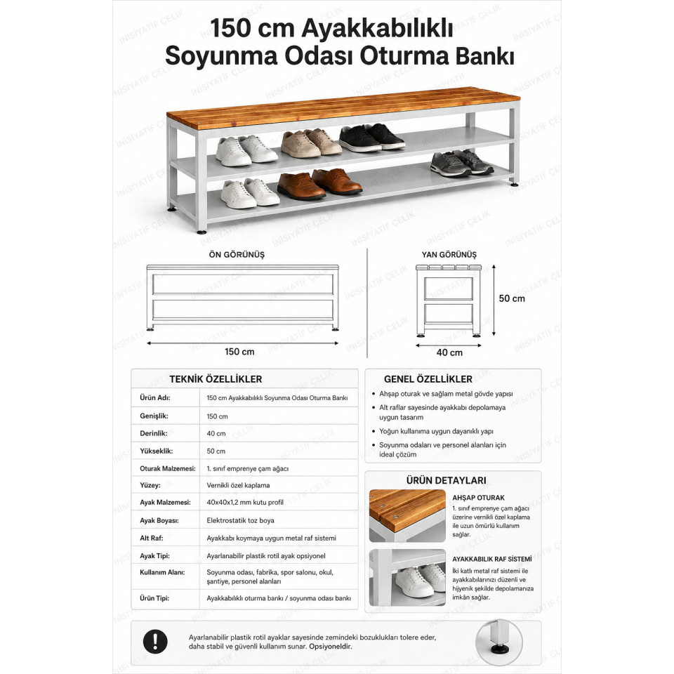 150 cm ayakkabılıklı soyunma odası oturma bankı ahşap oturaklı