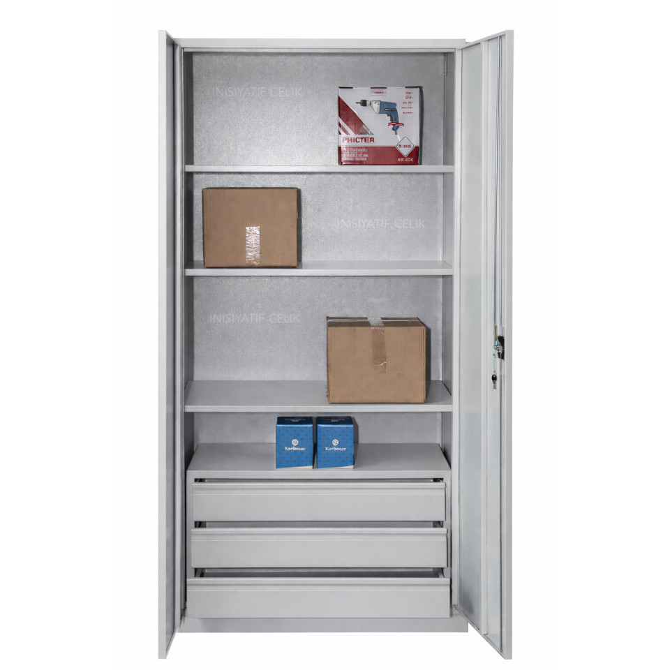 198 cm Çekmeceli Çelik Malzeme Dolabı – RAL 7035
