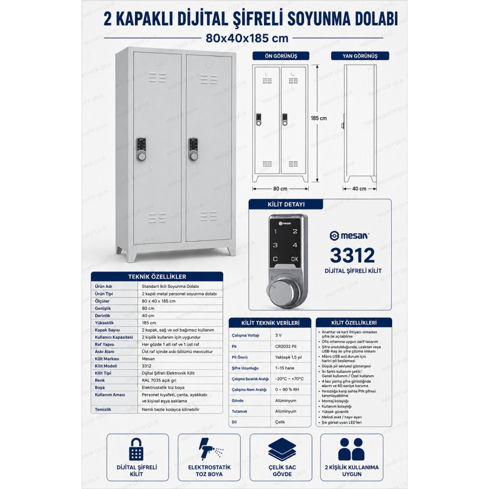 2 Kapaklı Dijital Şifreli Soyunma Dolabı 2 kapaklı dijital şifreli çelik soyunma dolabı 80x40x185 cm önden görünüm