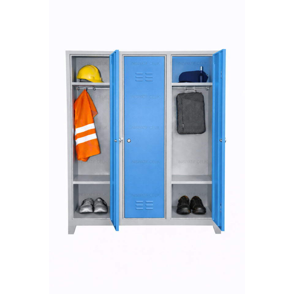 3 Kapaklı Çelik Personel Soyunma Dolabı (Eko Model) – Mavi (RAL 5015)