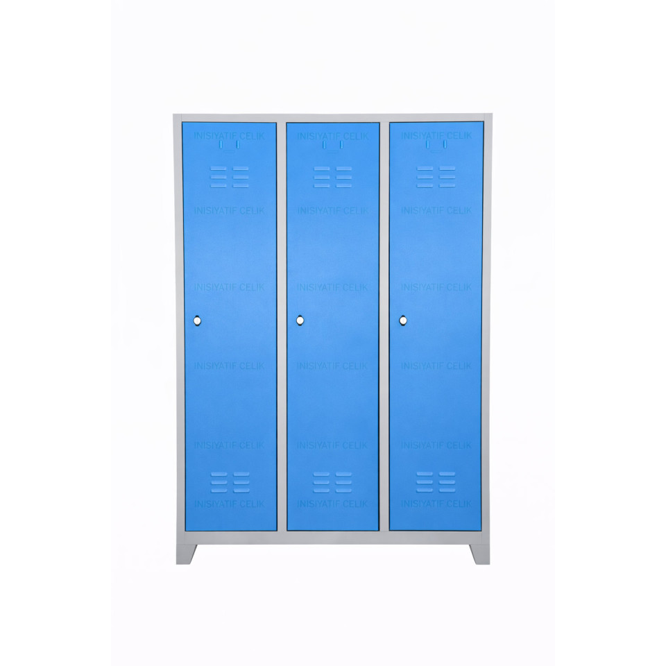 3 Kapaklı Çelik Personel Soyunma Dolabı (Eko Model) – Mavi (RAL 5015)