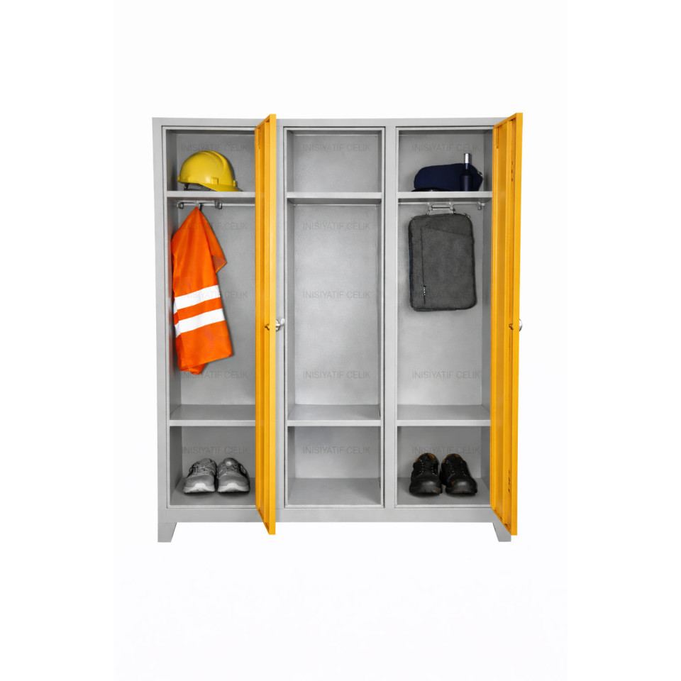 3 Kapaklı Çelik Personel Soyunma Dolabı (Eko Model) – Sarı (RAL 1028)