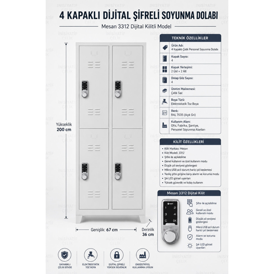 4 Kapaklı Dijital Şifreli Soyunma Dolabı 4 kapaklı dijital şifreli çelik soyunma dolabı 67x36x200 cm önden görünüm