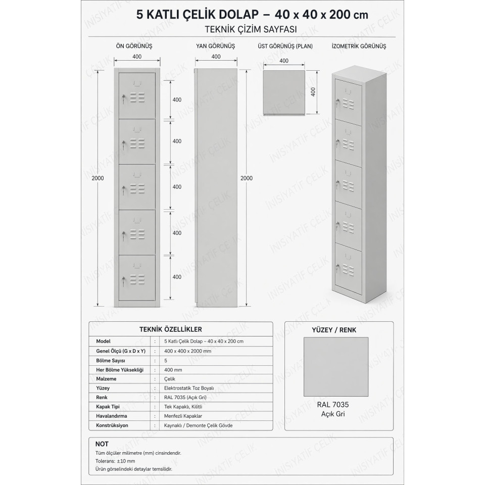 5 gözlü çelik emanet ve baret dolabı ral 7035