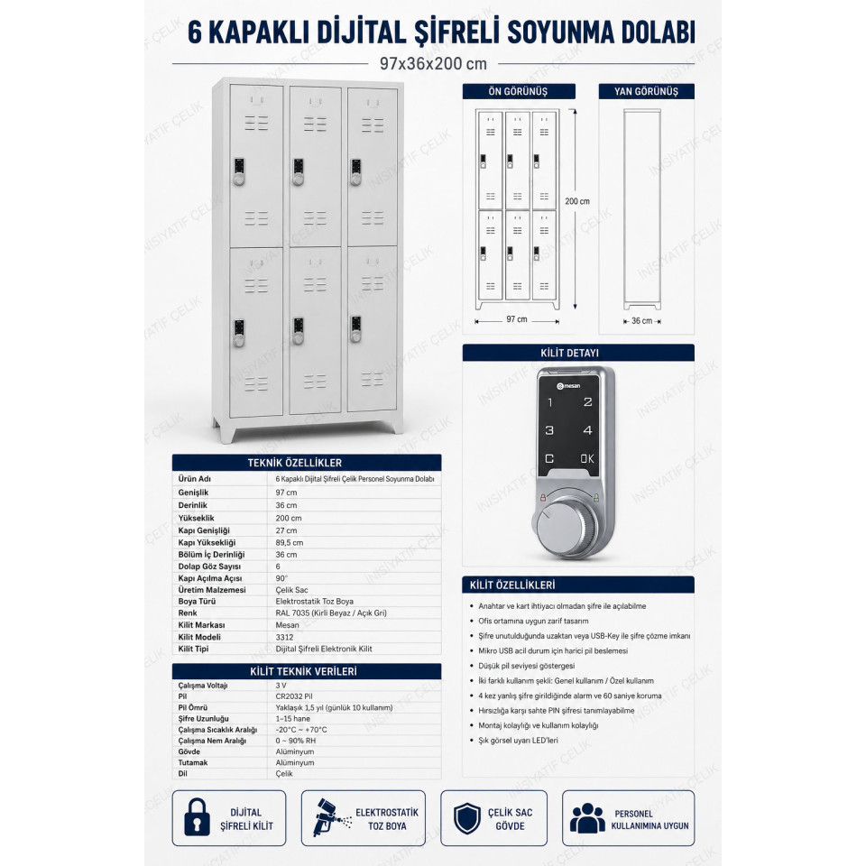 6 Kapaklı Dijital Şifreli Soyunma Dolabı 6 kapaklı dijital şifreli çelik personel soyunma dolabı 97x36x200 cm önden görünüm