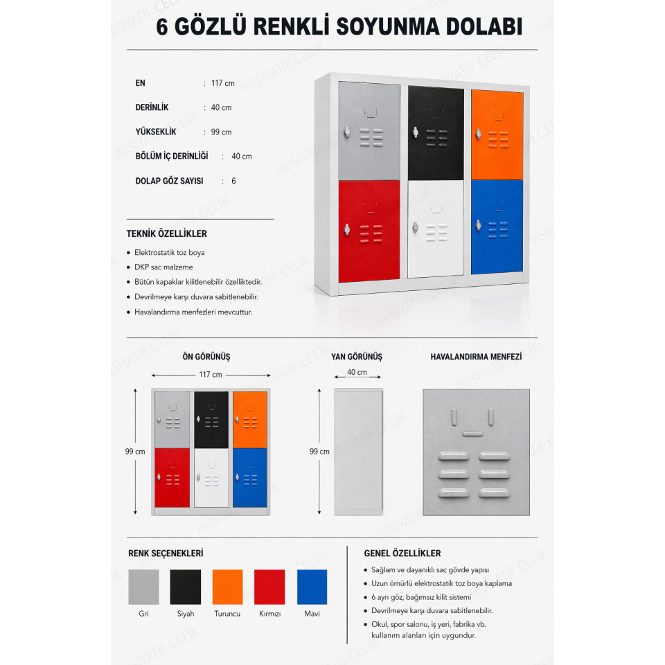 6 kapaklı geniş çelik öğrenci dolabı 117x40x99 cm okul ve sınıf dolabı