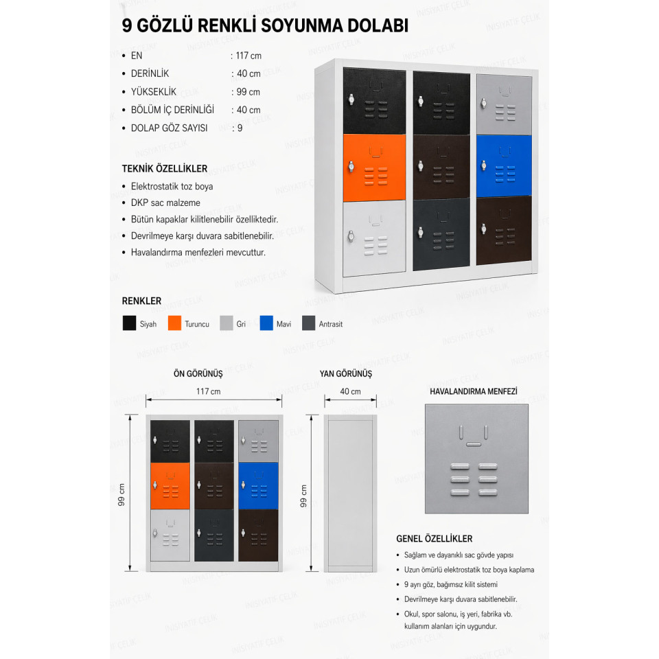 9 kapaklı çelik öğrenci dolabı 117x40x99 cm okul ve sınıf dolabı