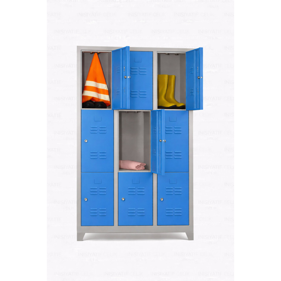 9 Kapaklı Çelik Personel Soyunma Dolabı – Mavi (RAL 5015)