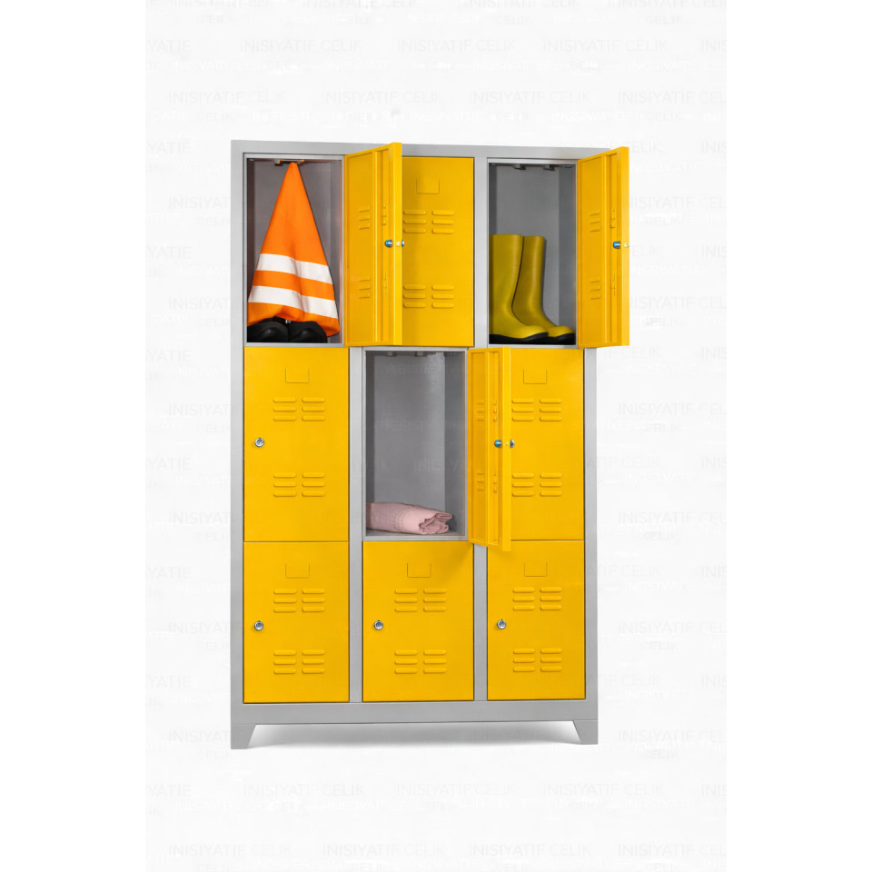 9 Kapaklı Çelik Personel Soyunma Dolabı – Sarı (RAL 1028)
