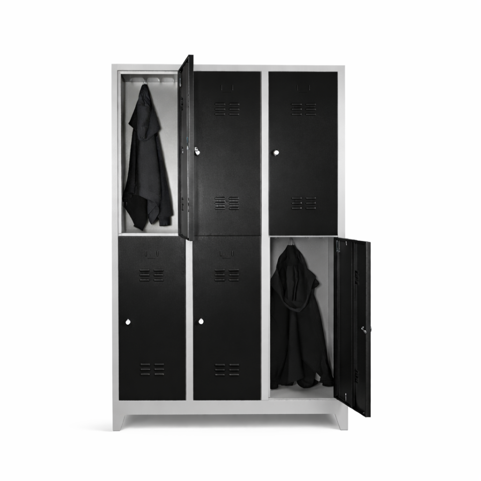 Standart 6 Kapaklı Çelik Personel Soyunma Dolabı (Geniş Model) – Siyah (RAL 9005)