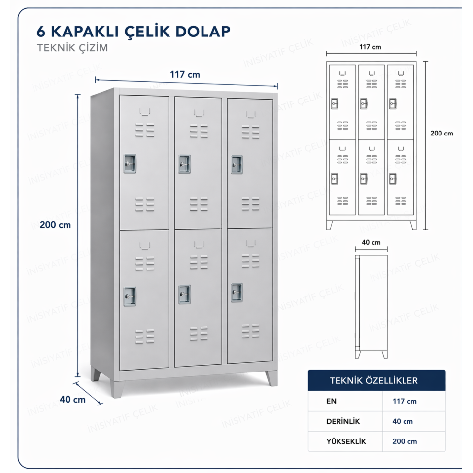 T Kol Kilitli 6 Gözlü Çelik Personel Soyunma Dolabı – RAL 7035