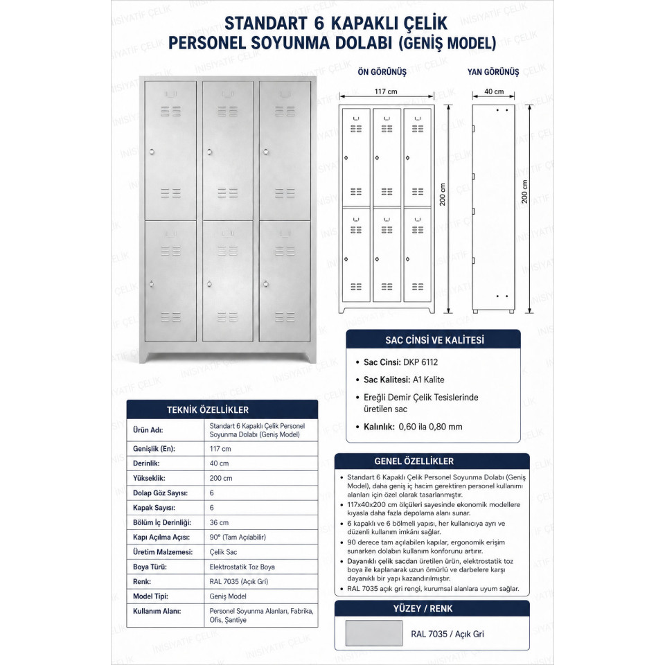 standart 6 kapaklı çelik personel soyunma dolabı 117x40x200 cm geniş model