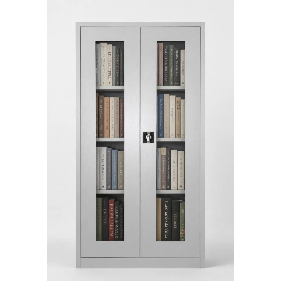 Camlı Çelik Kitap Dolabı Camlı çelik kitap dolabı 92x40x198 cm kitaplı önden görünüm