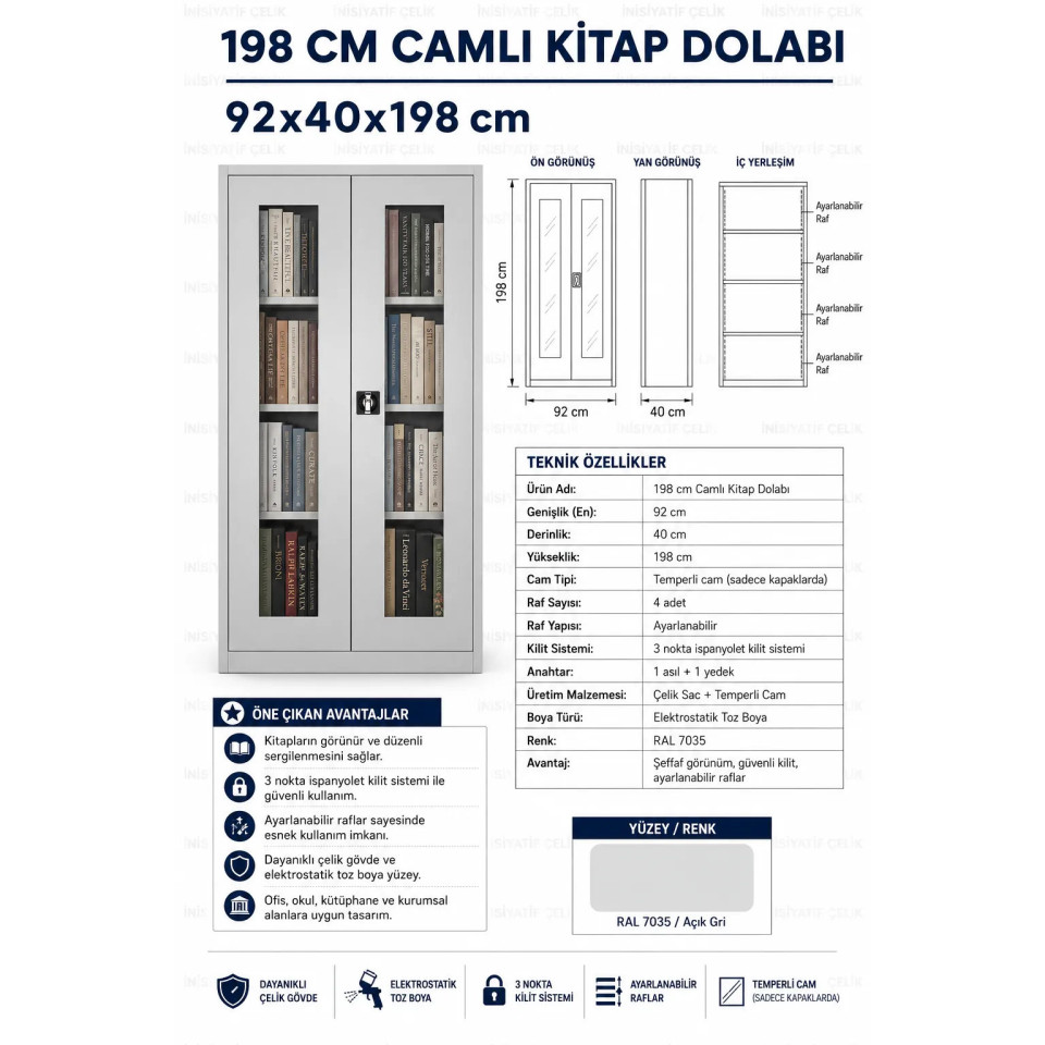 Camlı Çelik Kitap Dolabı Camlı çelik kitap dolabı 92x40x198 cm kitaplı önden görünüm