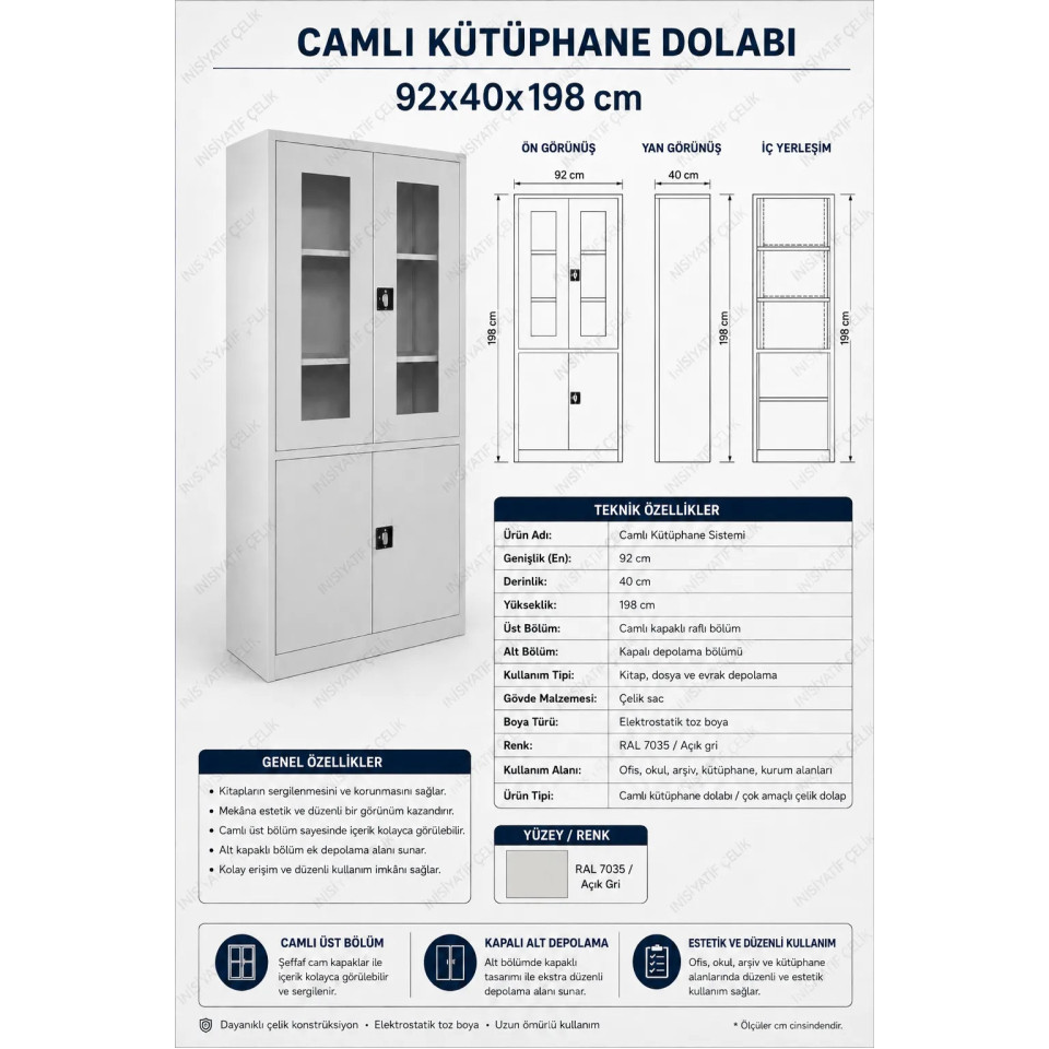 Camlı Çelik Kütüphane Dolabı Camlı çelik kütüphane dolabı 92x40x198 cm önden görünüm