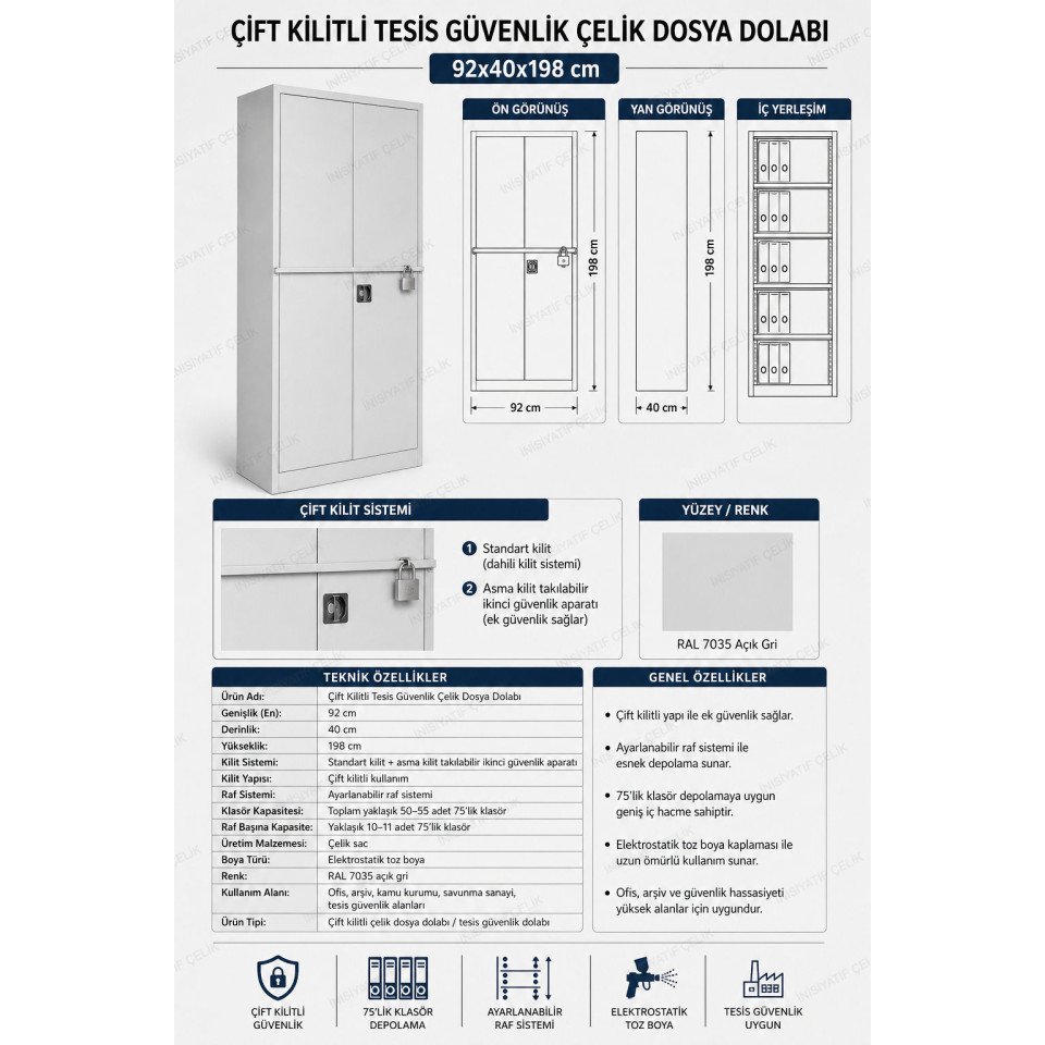 çift kilitli tesis güvenlik çelik dosya dolabı 92x40x198 cm
