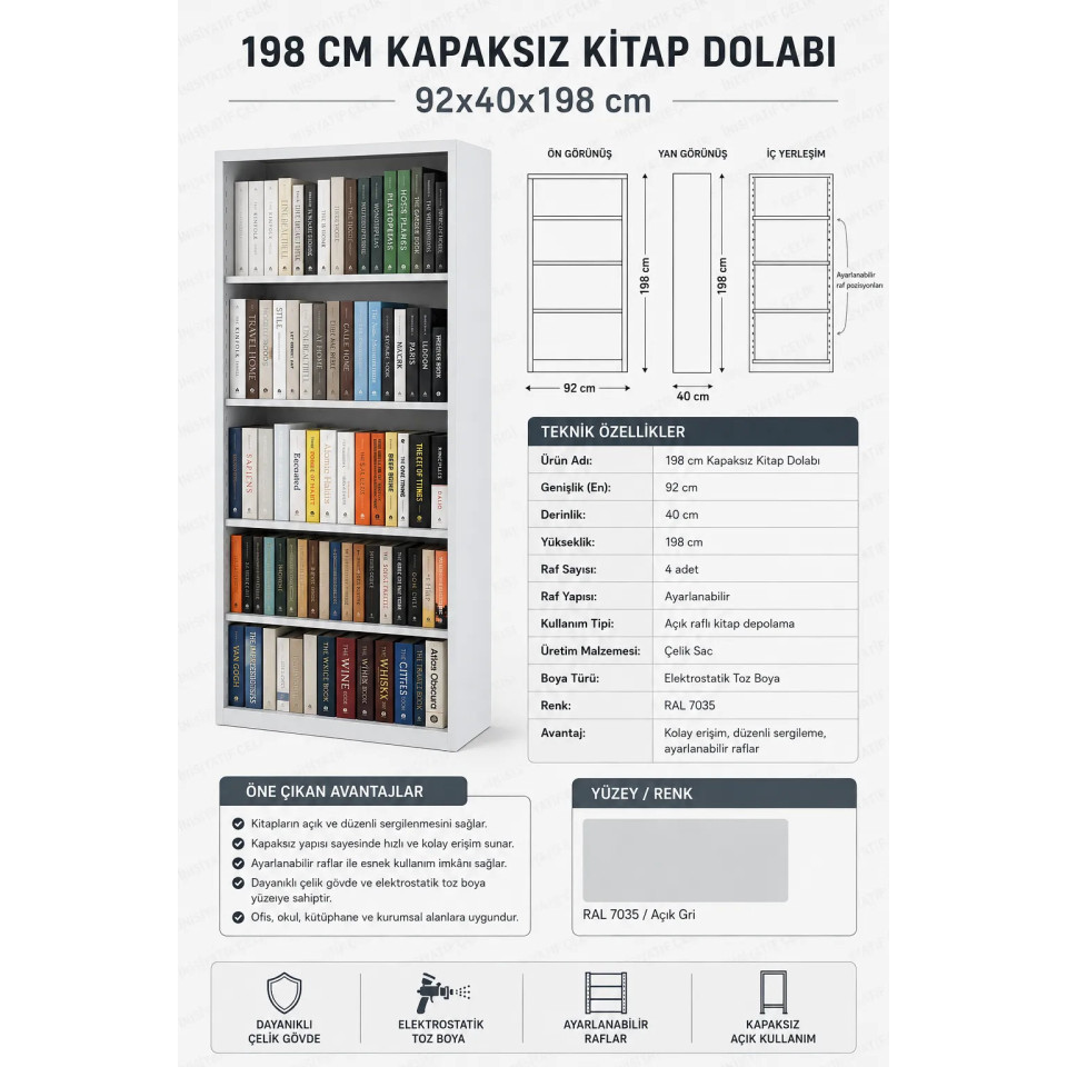 Kapaksız Çelik Kitap Dolabı Kapaksız çelik kitap dolabı 92x40x198 cm kitaplı önden görünüm