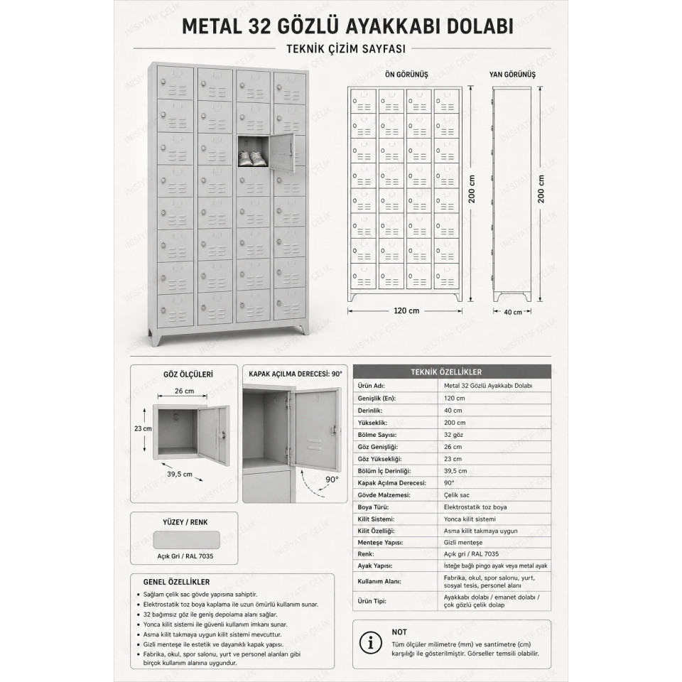 metal 32 gözlü ayakkabı dolabı 120x40x200 cm çelik ayakkabı dolabı