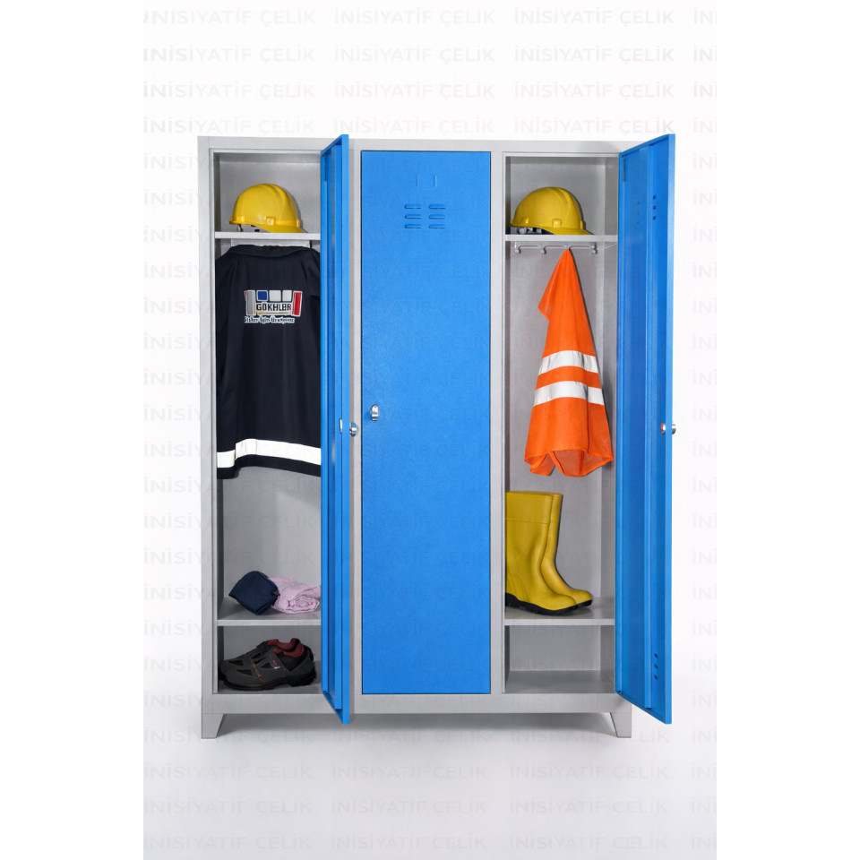 Standart 3 Kapaklı Çelik Personel Soyunma Dolabı – Mavi (RAL 5015)