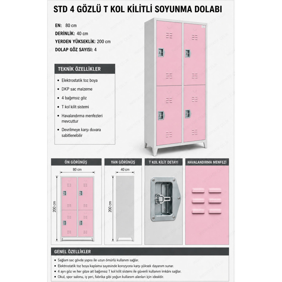 t kol kilitli 4 gözlü çelik soyunma dolabı 80x40x200 cm pembe kapaklı