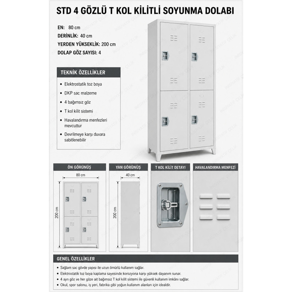 t kol kilitli 4 gözlü çelik soyunma dolabı 80x40x200 cm ral 7035