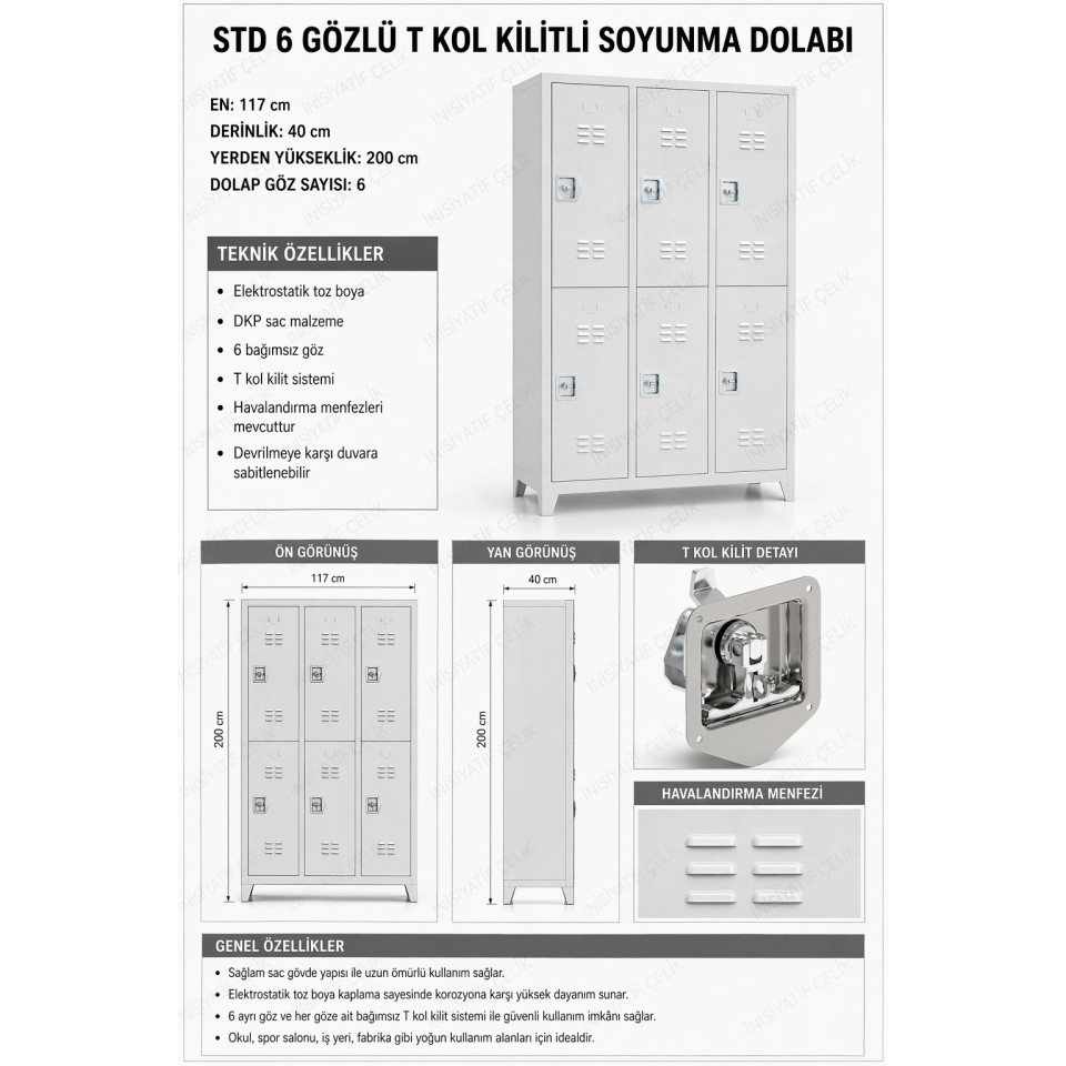 t kol kilitli 6 gözlü çelik personel soyunma dolabı 117x40x200 cm ral 7035