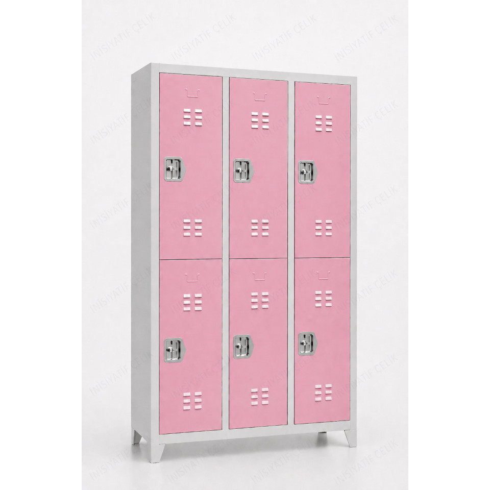 t kol kilitli 6 gözlü çelik soyunma dolabı 117x40x200 cm pembe kapaklı