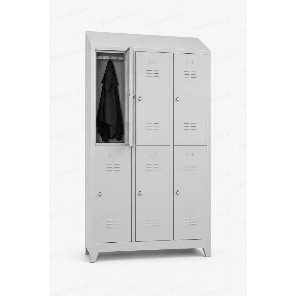 üzeri eğimli 6 kapaklı çelik personel soyunma dolabı 97x36x208 cm ral 7035