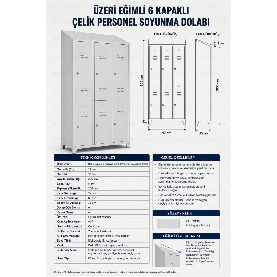üzeri eğimli 6 kapaklı çelik personel soyunma dolabı 97x36x208 cm ral 7035