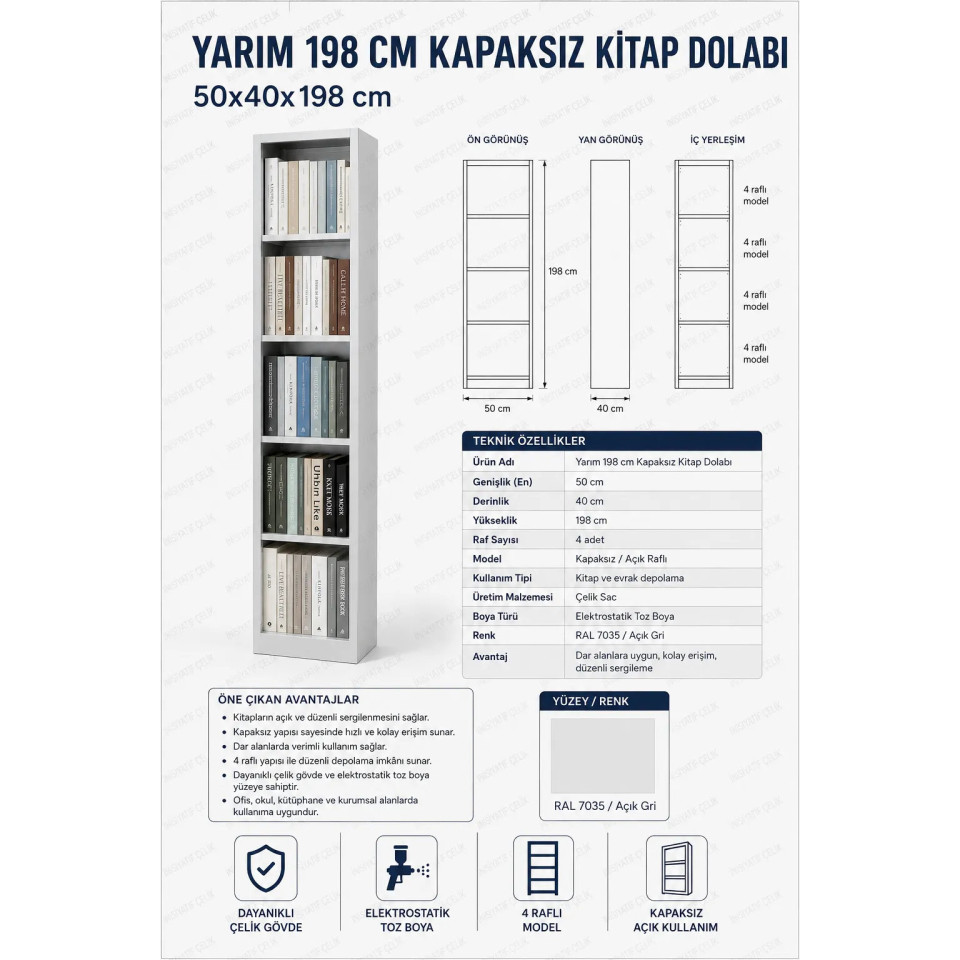 Yarım Kapaksız Kitap Dolabı Yarım kapaksız çelik kitap dolabı 50x40x198 cm dar tip kitaplı önden görünüm