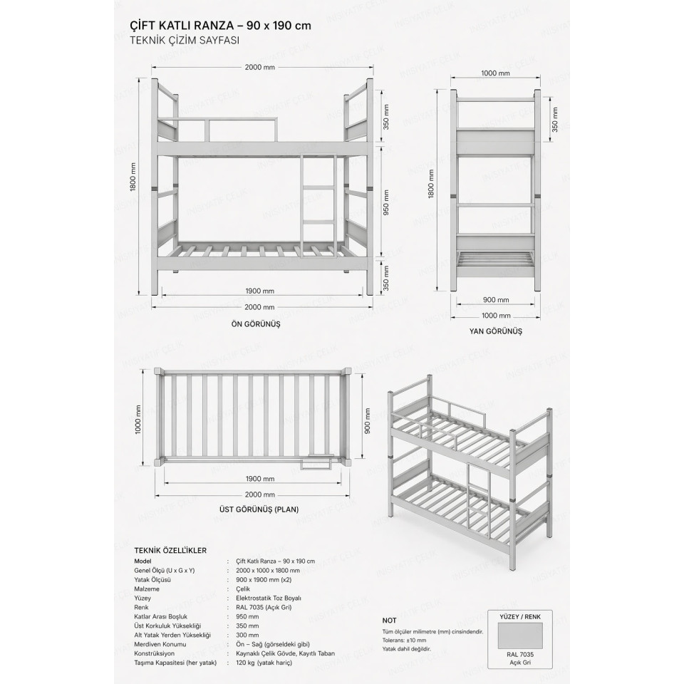 yurt tipi çelik ranza 90x190 cm demonte merdivenli ral 7035
